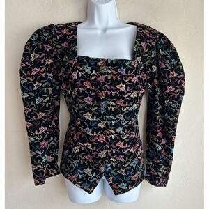 Vintage 80s Black Velvet Floral Embroidered Basque Evening Jacket S M Romantic